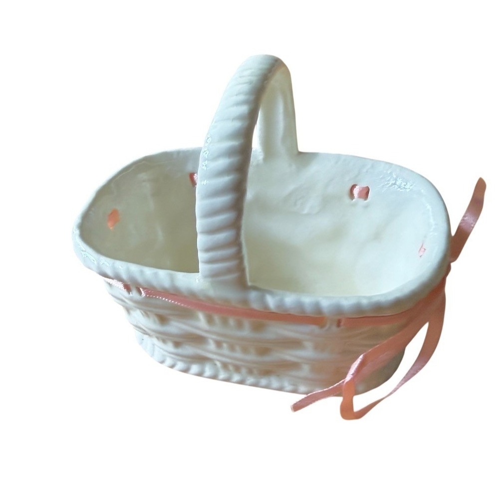Vintage Easter Ceramic Basket White Glazed Wicker Weave Pink Bow DEB Small